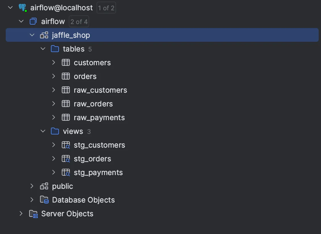 Resulting Tables from dbt Jaffle Shop